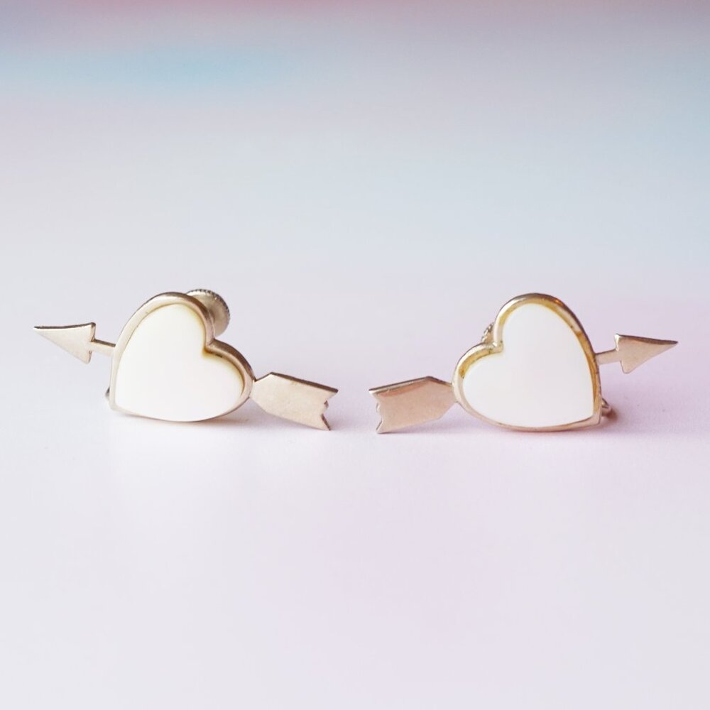 1970s Mother Of Pearl Heart & Arrow Earrings (Screw Back)